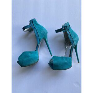 BEBE Vintage Peacock Blue Stiletto Heels Platform Shoes Suede Leather Size 8M